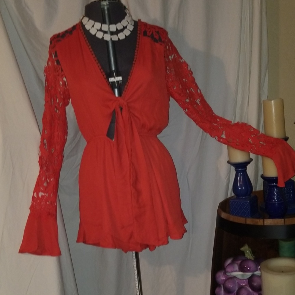 Red Tie-Front Mini Dress with Lace Sleeves